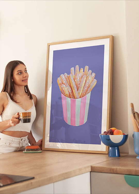 Glitter French Fries in Pink Striped Cup - Unique Food Art Plakat
