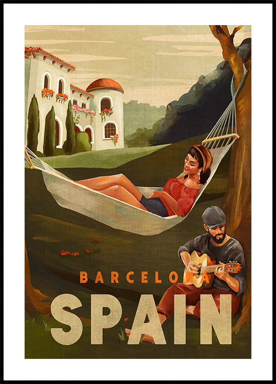 Barcelona Spain Guitar Player Travel Art Plakat
