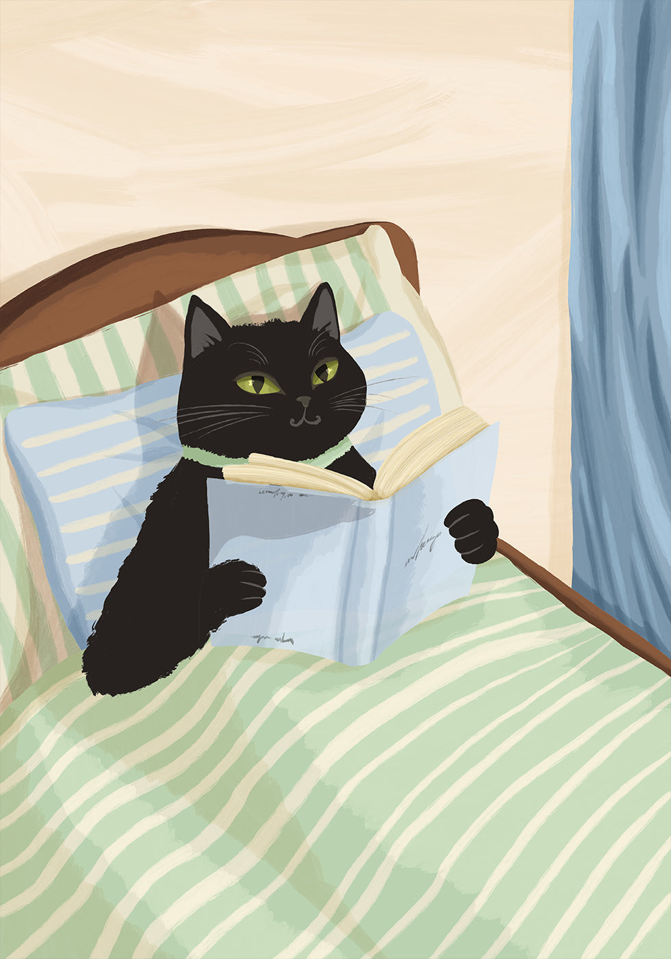 Cat Reading Print – Black Cat Wall Art, Cosy Bedroom Plakat, Book Lover Cat Illustration, Cat in Bed Print, Reading Decor, Cat Book Art Plakat