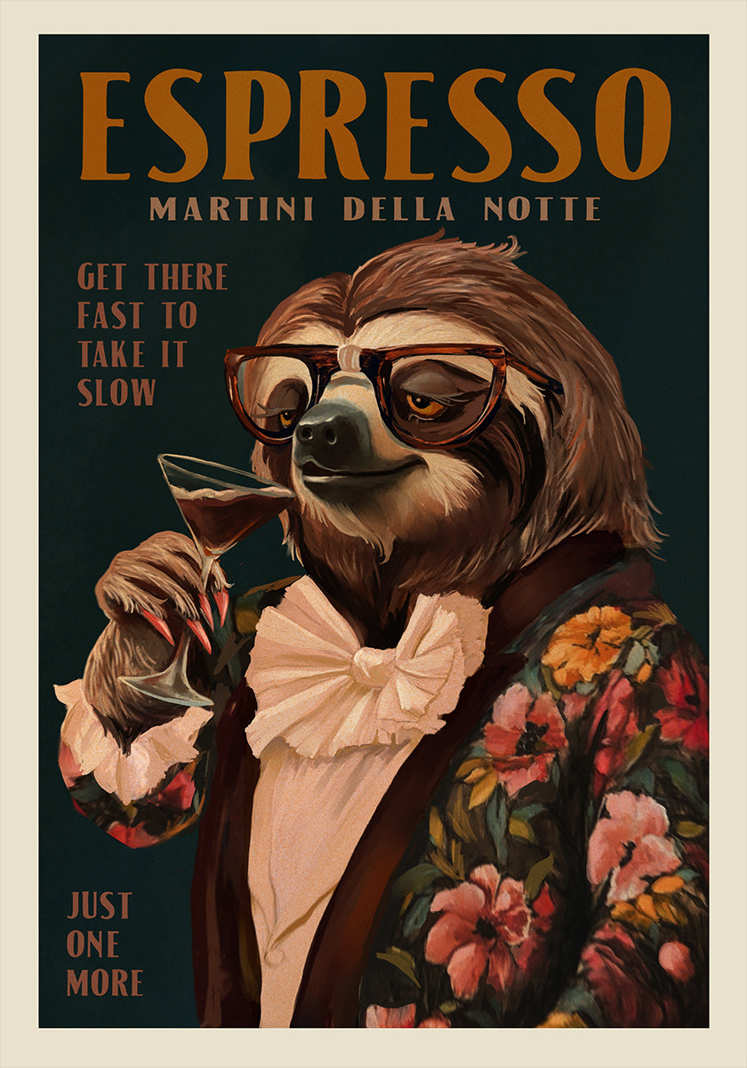 Art Deco Espresso Martini Drinking Sloth Plakat