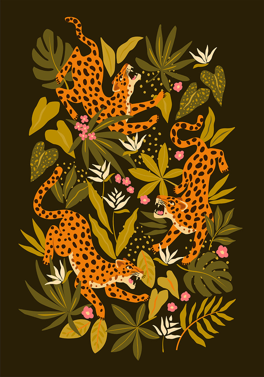 Leopards or jaguars with tropical leaves and plants on dark black background Plakat
