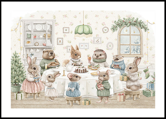 a group of rabbits sitting around a table with a cake