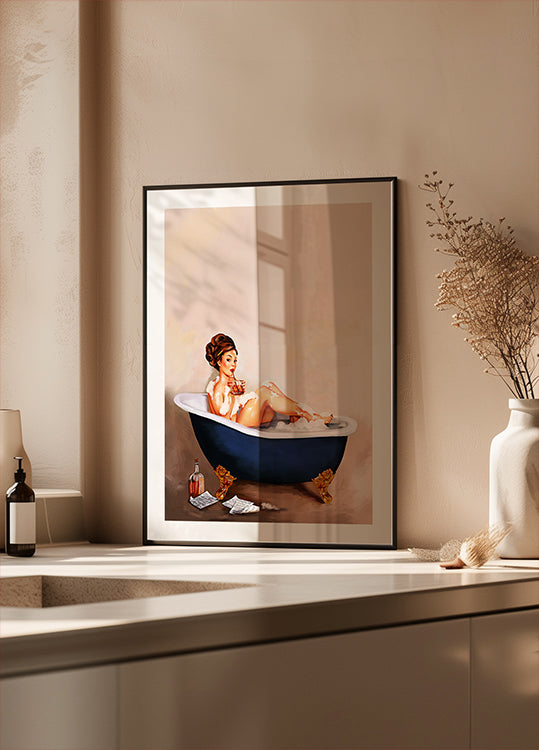 Bathtub Drinks: Pinup Girl Drinking In Bathroom Plakat