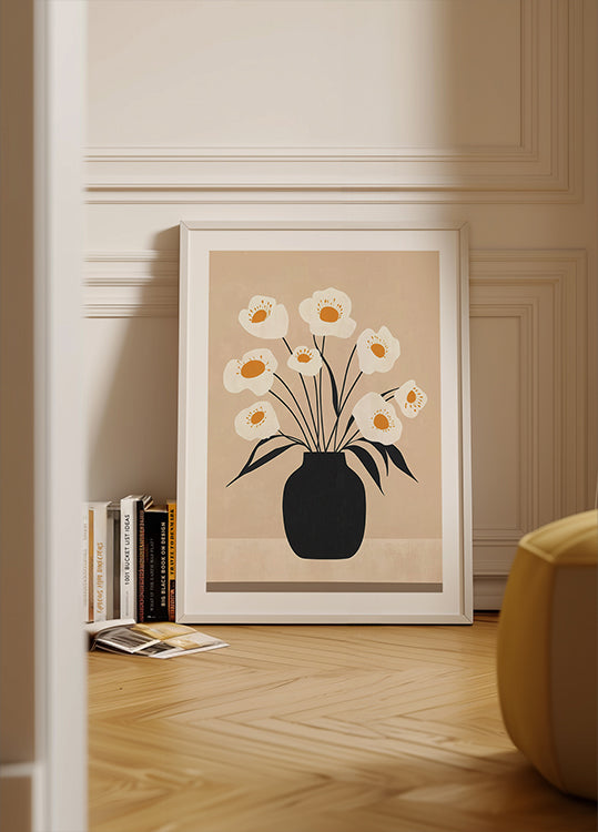 White Flowers in Black Vase Plakat