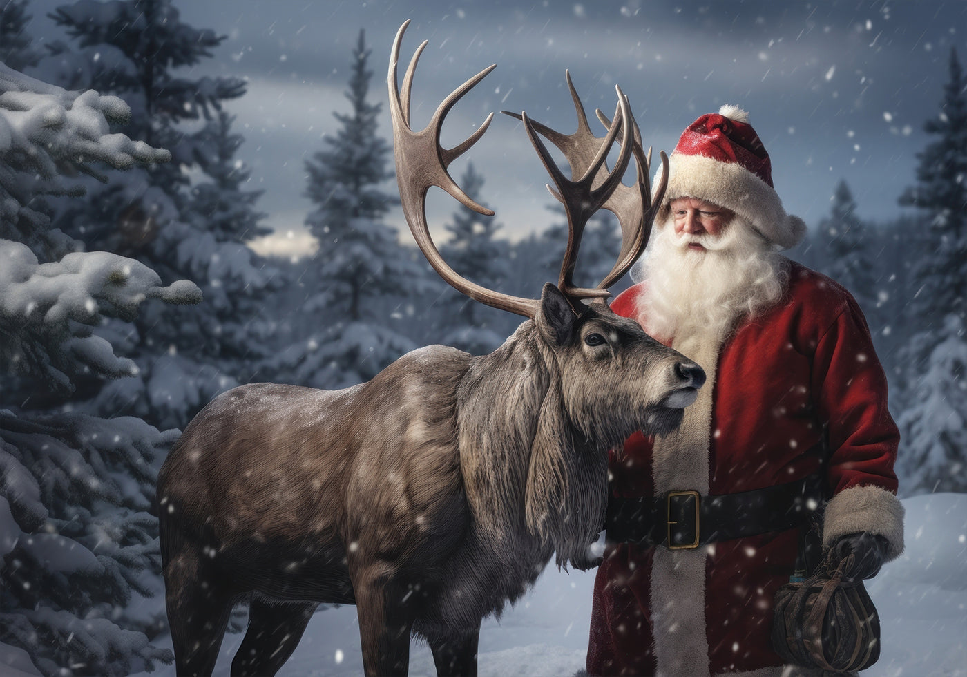 a santa clause standing next to a reindeer in the snow