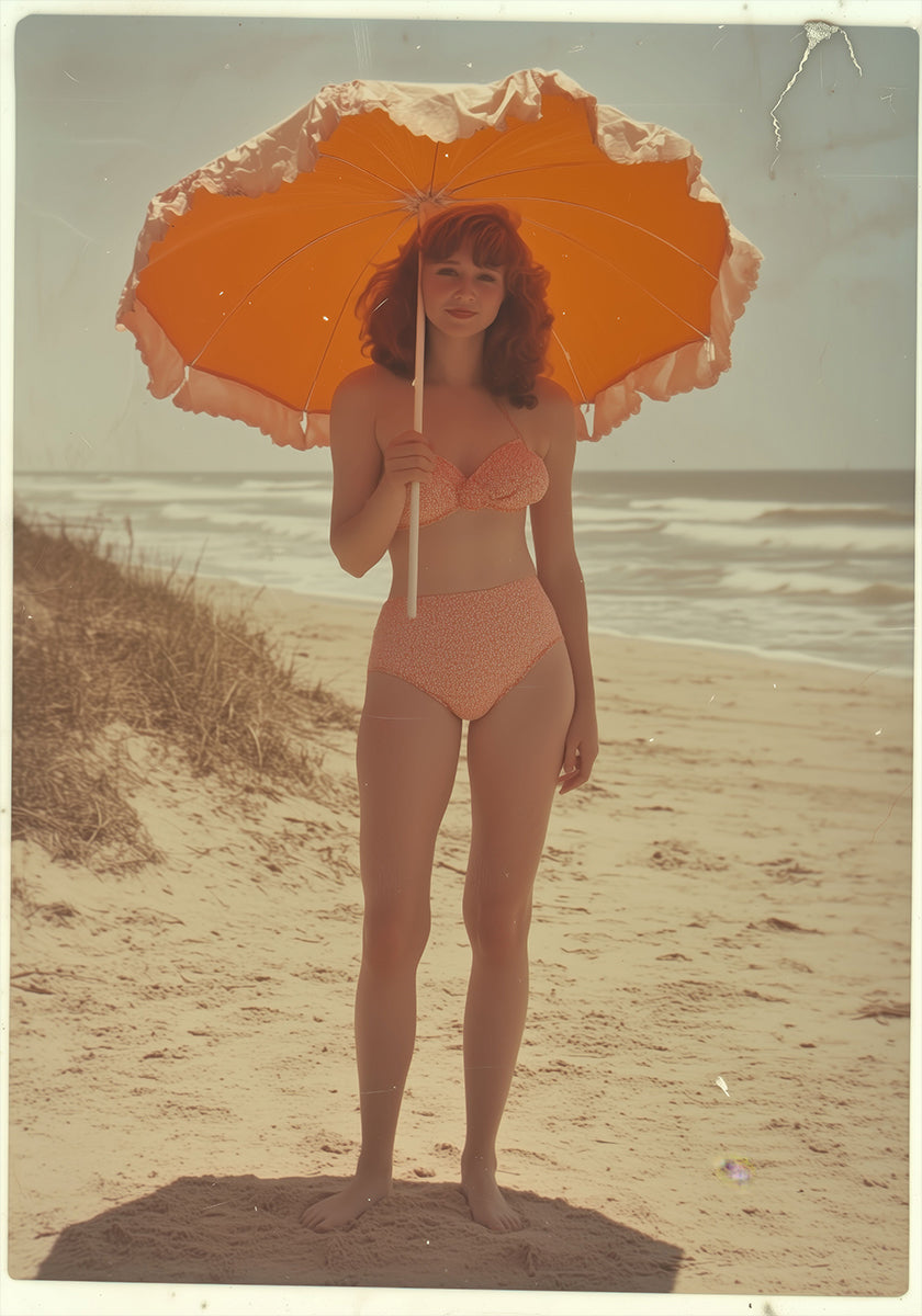 Retro Nostalgic Summer Girl Holding  Sun Umbrella Plakat