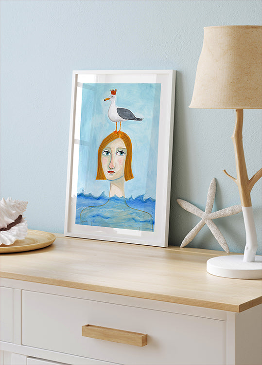 Nude Lady in Ocean with Seagull Plakat