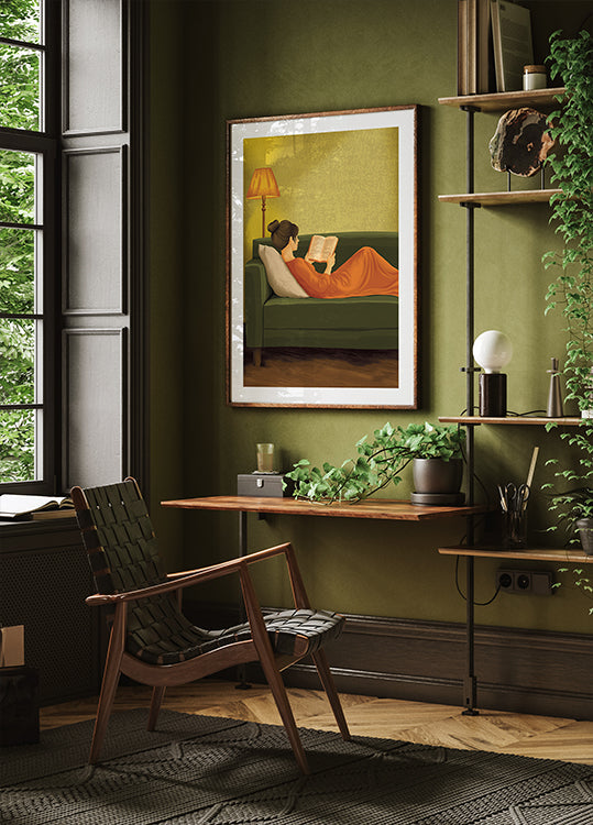 Minimalist Green Portrait Woman Reading | Earth Tones | Vintage European | Bedroom Wall Decor | Female Abstract Print | Book Lover | Emerald Plakat