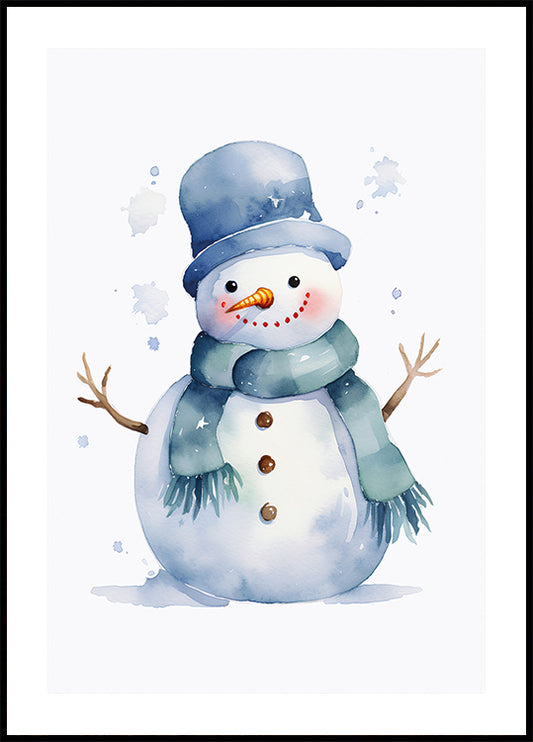 a watercolor painting of a snowman wearing a hat and scarf