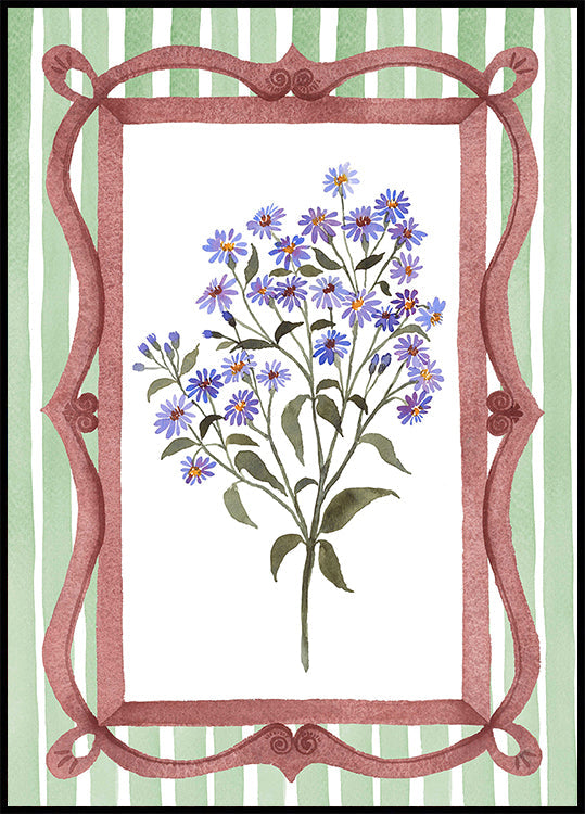 Asters in an Ornate Frame - Sage Green Stripes Plakat
