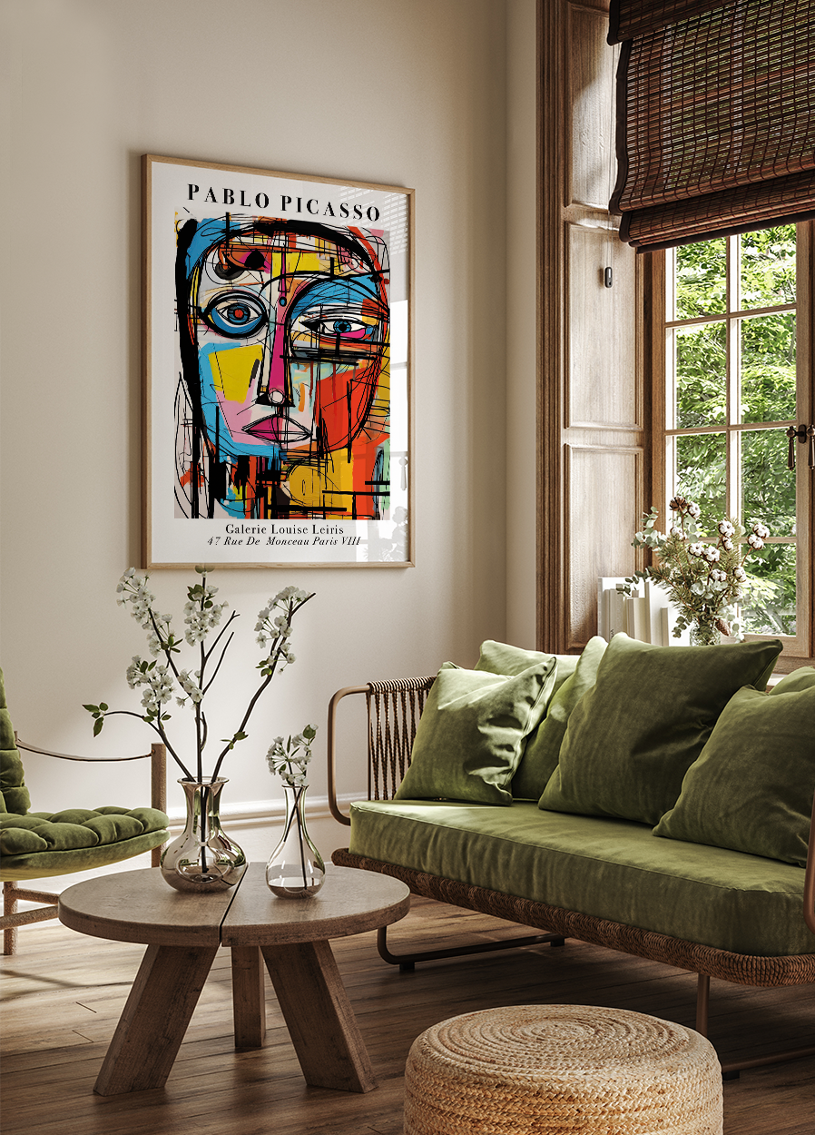 a living room filled with furniture and a painting on the wall