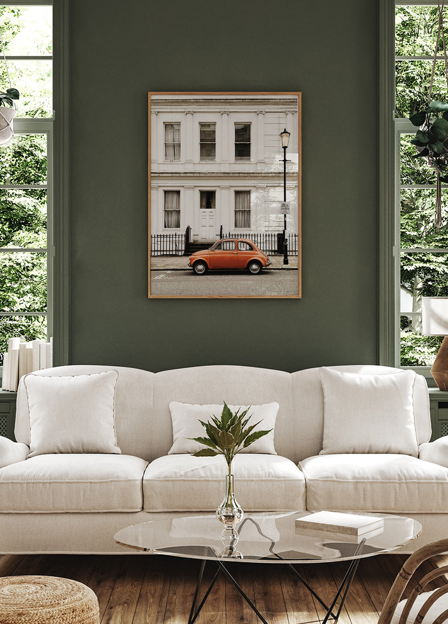 Charming Urban Scene with Orange Car Plakat