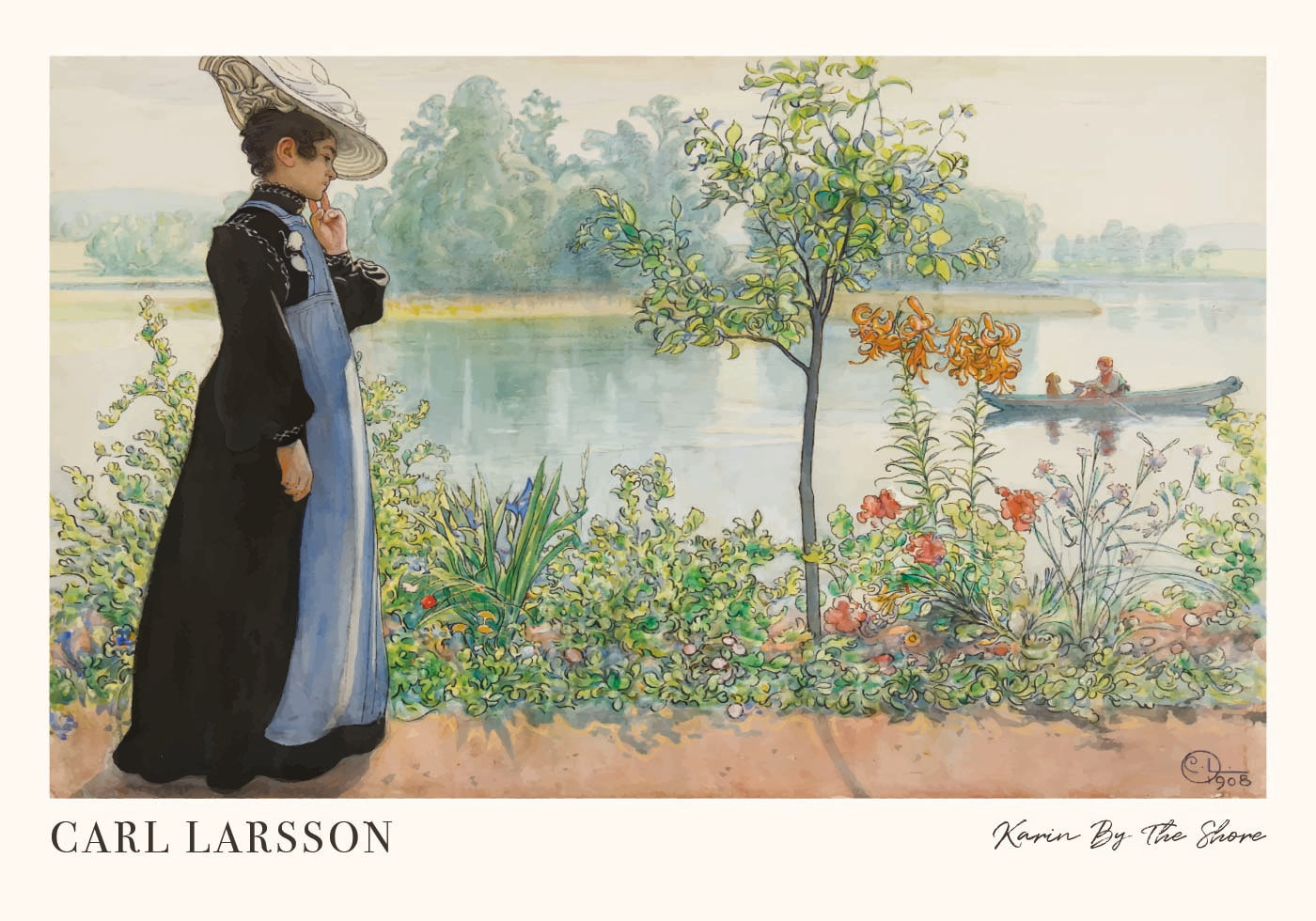 Karin by the Shore, riverside floral garden scene Plakat