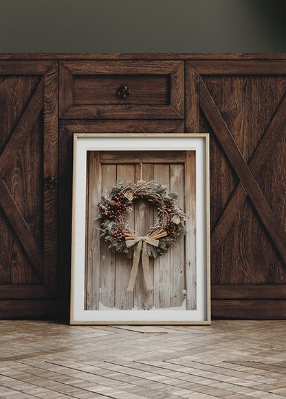 Christmas Wreath on a Wooden Door Plakat