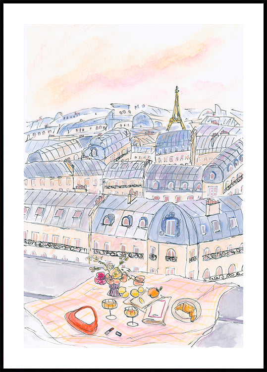 Parisian Rooftop Picnic With Eiffel Tower Views Plakat