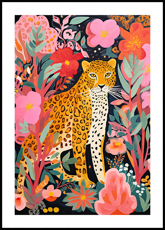Colorful Leopard and Flowers Plakat
