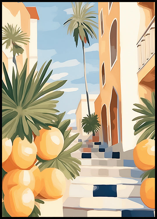Sunny Citrus Street, Mediterranean Village Steps Plakat