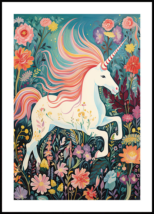 Magical Unicorn In Floral Meadow Plakat