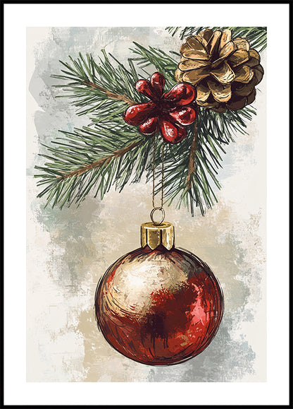 Watercolor Christmas Ball on Pine Branch Plakat