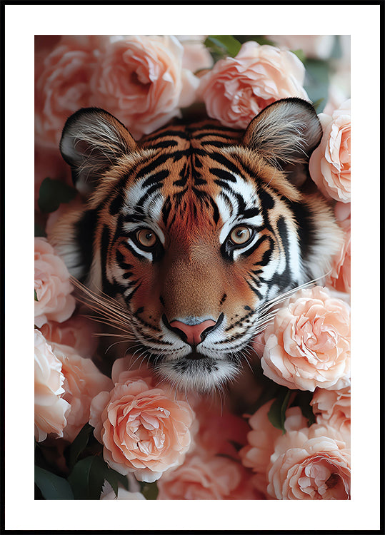Tiger Among Peach Roses Plakat