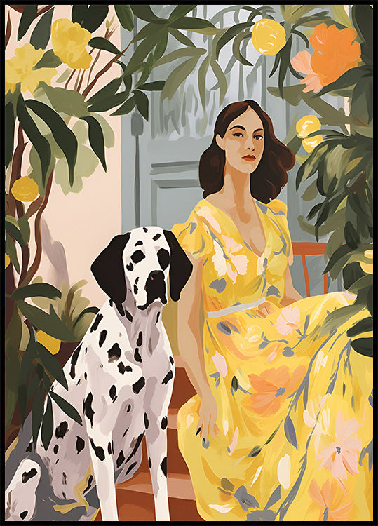Lady in Yellow with Dalmatian, floral summer portrait Print Plakat