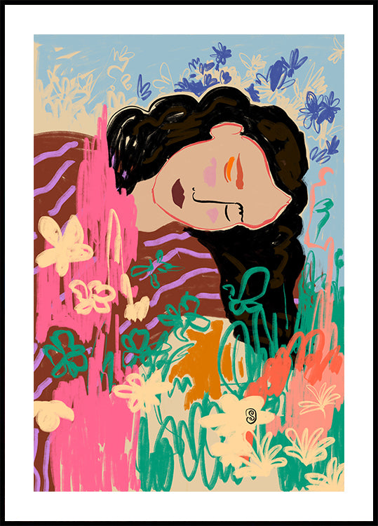 Expressive Figure Surrounded By Colorful Flowers Plakat