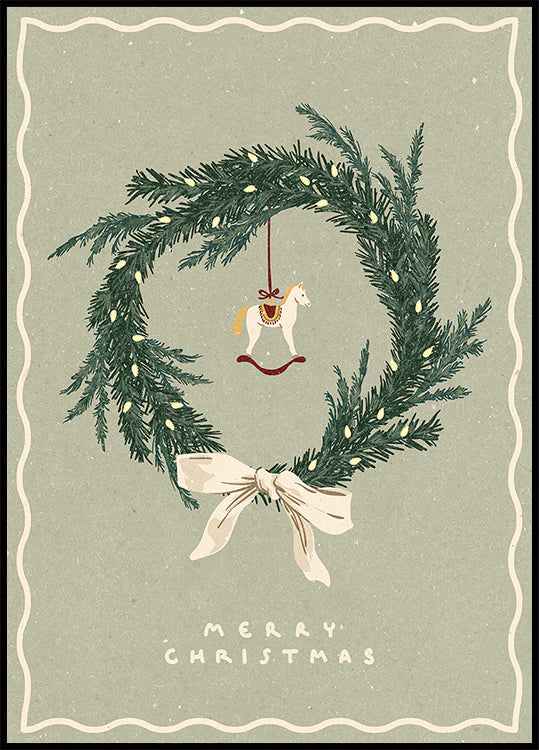 Horses toy on Christmas wreath with bow Plakat