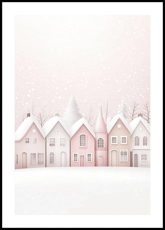 Watercolor Snowy Pink Houses Plakat