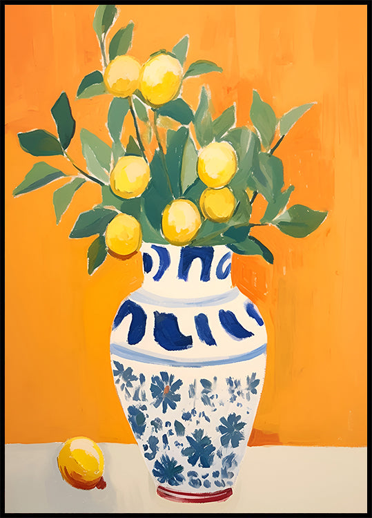Citrus Bouquet, Lemons in a Blue Floral Vase Plakat