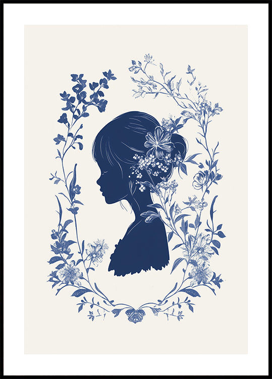 Floral Silhouette, Girl in Bloom, Indigo Botanical Plakat