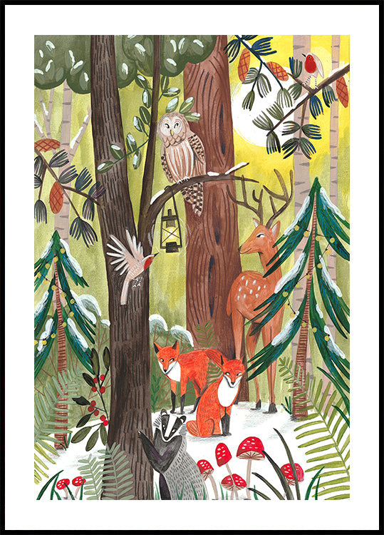 Green Christmas forest with animals