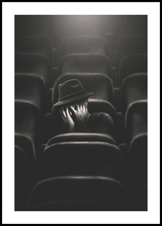 Fear, lone man in theater with hidden face Plakat