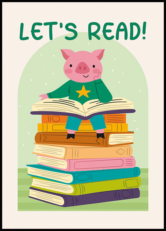 Pig Reading On Book stack, Let’s Read Plakat