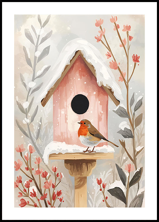 Vogelhaus mit Rotkehlchen und Pflanzen Plakat