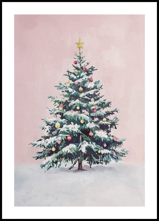 Snow-Covered Christmas Tree with Ornaments Plakat