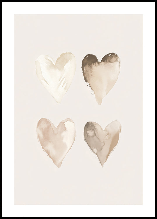 Neutral Watercolor Hearts, Beige Tones, Kids Plakat