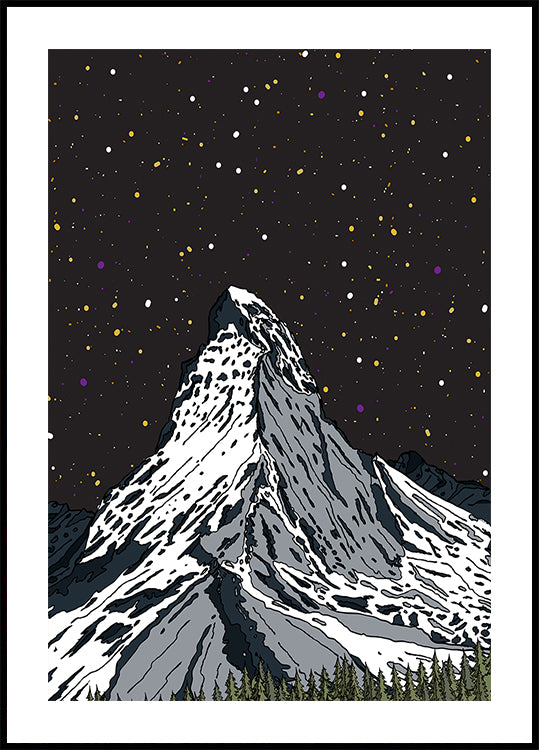Snowy Mountain Under a Starry Night Sky Plakat