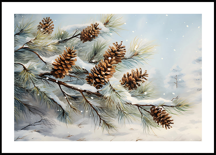 Watercolor Snowy Pine Branches with Cones Plakat