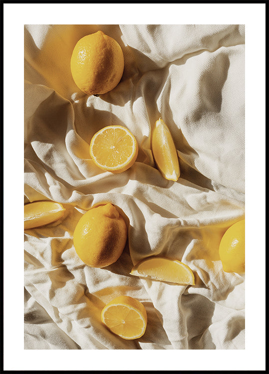 Vibrant Lemons on Textured Fabric Plakat