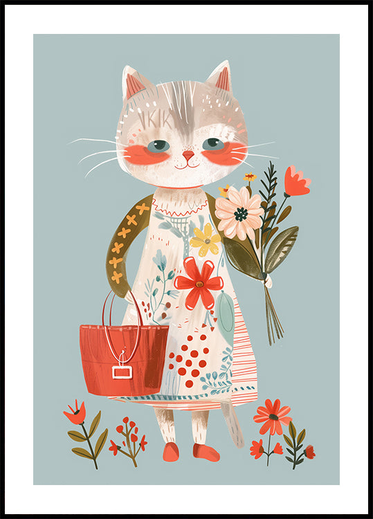 Cat in Floral Dress Holding Flowers Plakat