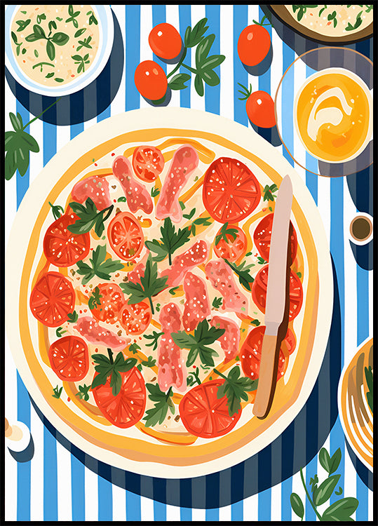 Italian Pizza, Tomato Parsley Topping, Striped Table Plakat