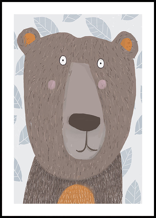 Cute Brown Bear with Grey Leaf Pattern by Artist Carla Plakat