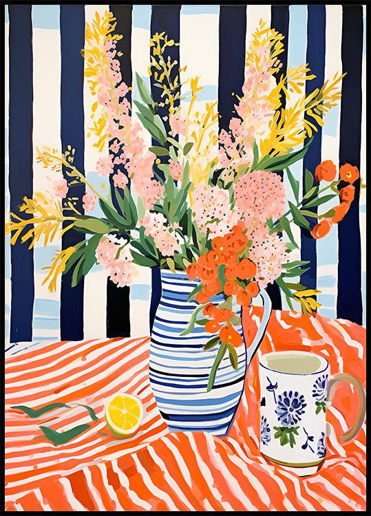 Summer Flowers, Striped Vase, Lemon Still Life Plakat
