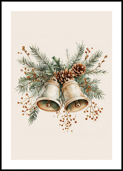 Watercolor Christmas Bells with Pinecones and Berries Plakat