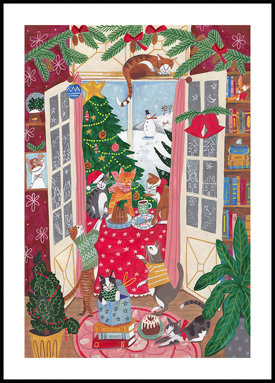 Cats in the Window at a Snowy Christmas in Bright Colours Plakat