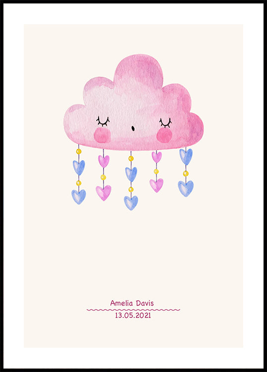 Pink Watercolor Cloud, Personalized Baby girl Plakat