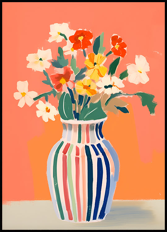 Wildflowers, Striped Vase, Coral Background Plakat