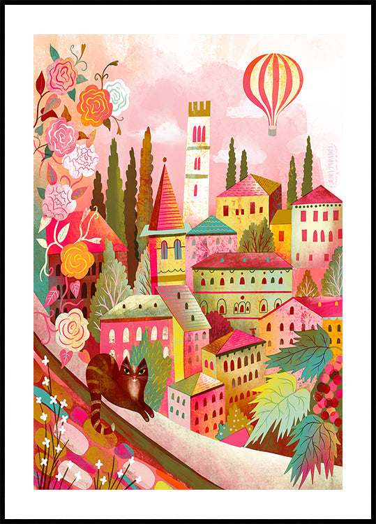 Italian Village With Cat On Wall Plakat