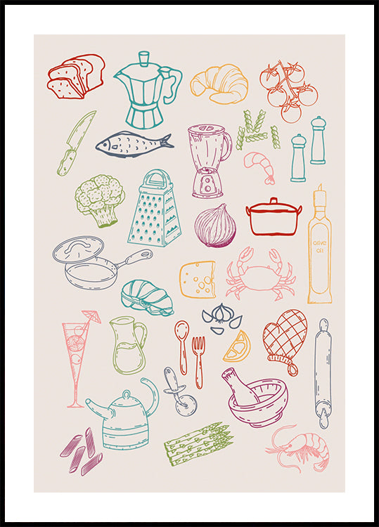 Kitchen Collage, Colorful Cooking Ingredient Icons Plakat