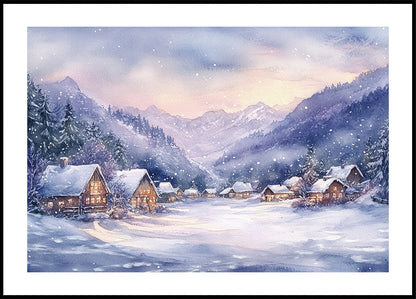 Watercolor Winter Mountain Village Plakat